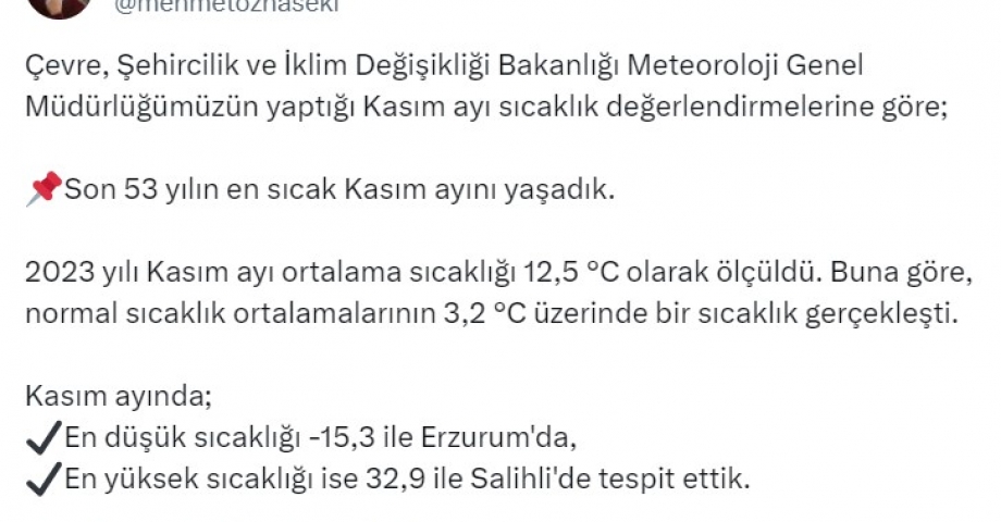 Bakan Özhaseki: Son 53 yılın en sıcak kasım ayını yaşadık