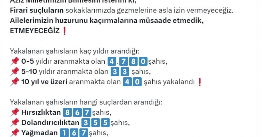 Bakan Yerlikaya: 4 bin 853 firari yakalandı