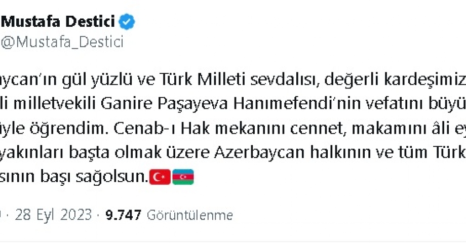 Destici'den, Azerbaycanlı milletvekili Paşayeva için taziye mesajı