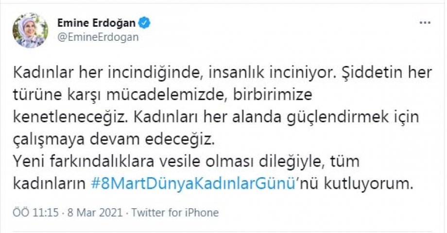 Emine Erdoğan'dan 'Dünya Kadınlar Günü' mesajı 