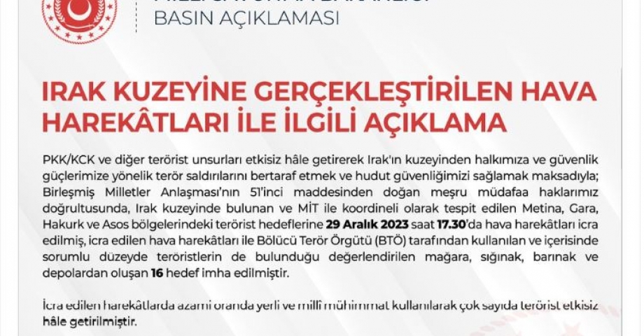 Irak'ın kuzeyine hava harekatı; 16 hedef imha edildi