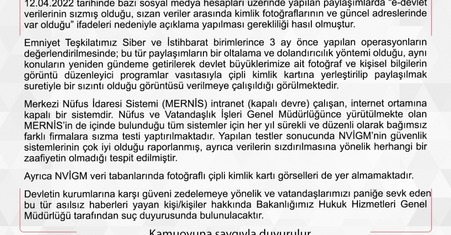 Nüfus ve Vatandaşlık İşleri'nden 'e-Devlet verileri sızdırıldı' iddiasına yalanlama