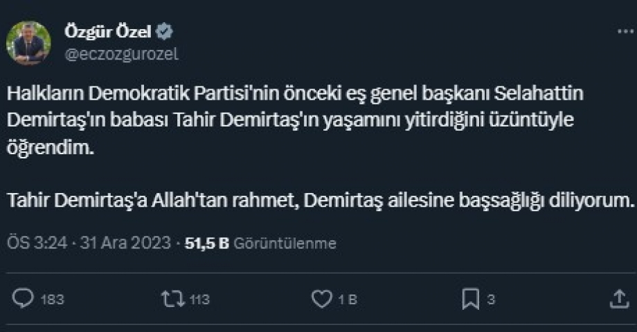 Özgür Özel: Demirtaş ailesine başsağlığı diliyorum