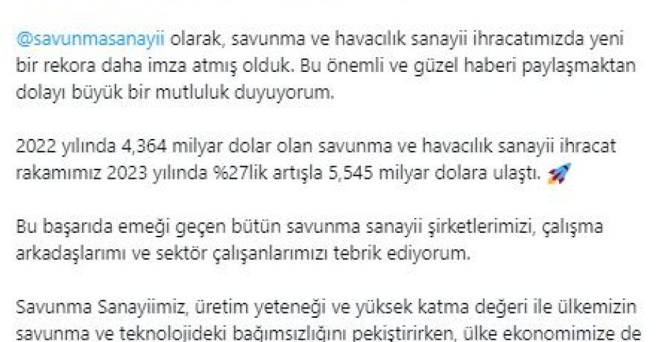 Savunma Sanayii Başkanı Görgün: Savunma ve havacılık sanayii ihracatı 5,545 milyar dolar