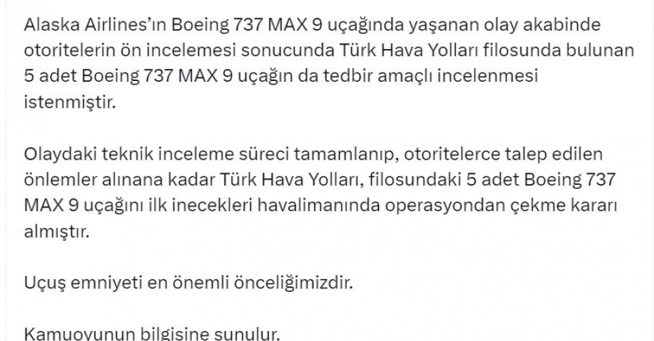 THY, Boeing 737 MAX 9 tipi uçakları operasyondan çekti