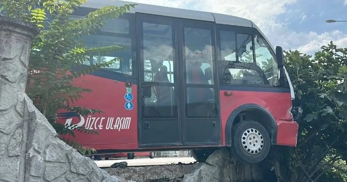Düzce'de köpeklerden kaçan otobüsü bahçe duvarına çarptı!